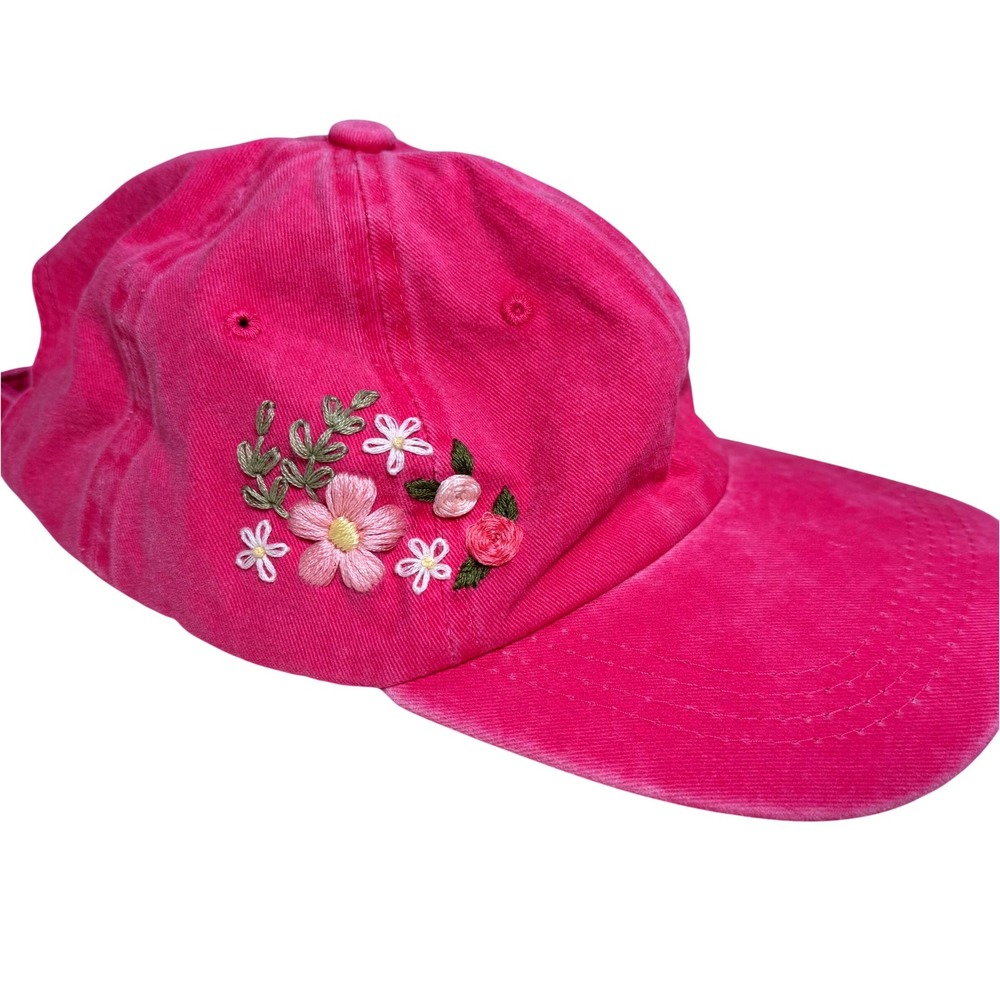 Hot Pink Embroidered Floral Baseball Cap Women Casual Adjustable Outdoor‎ Hat